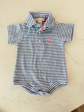 The Beaufort Bonnet Company Blue & White Stripe Polo Onesie with Pink Embroidery